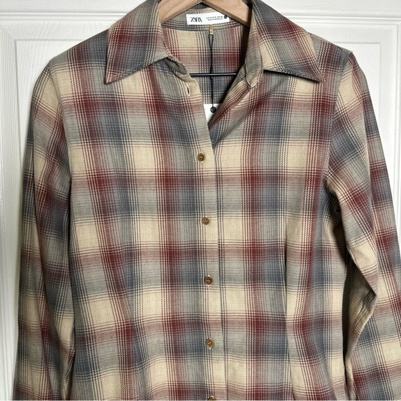 Zara Women’s Small Top Plaid Check Brown Collard Button Up Shirt Padded Western - Picture 5 of 15